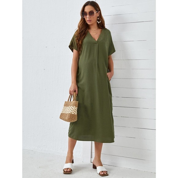 Maternity V neck Solid Tunic midi Dress olive green - Picture 1 of 5